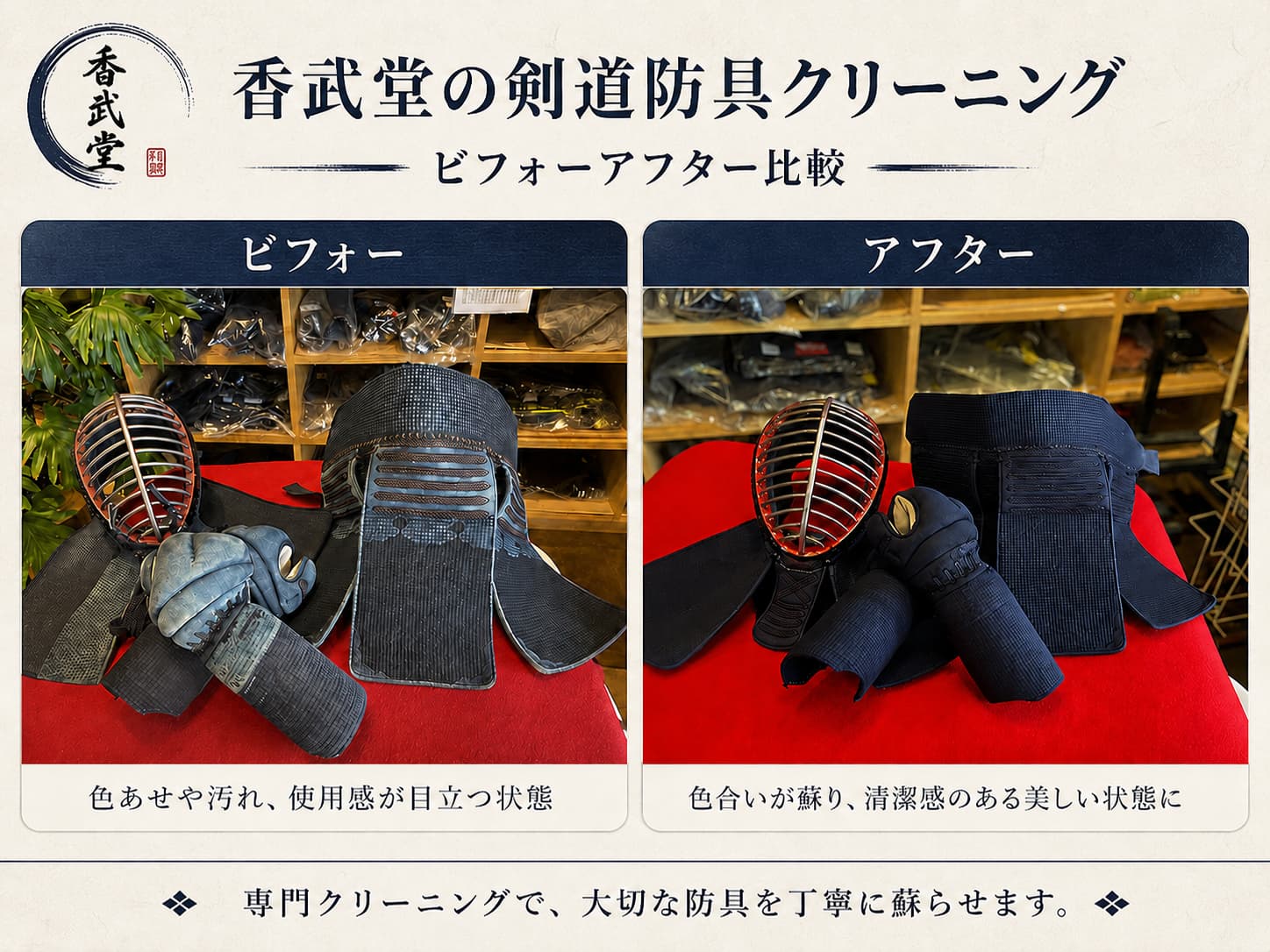 香武堂の剣道防具クリーニング ビフォーアフター