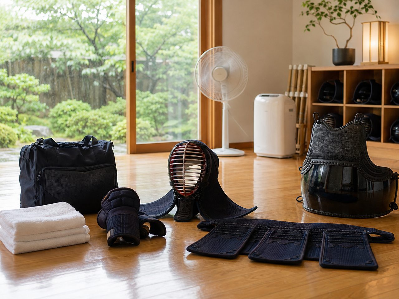 板間の道場で剣道防具を陰干しする様子（防具棚・扇風機・除湿機）