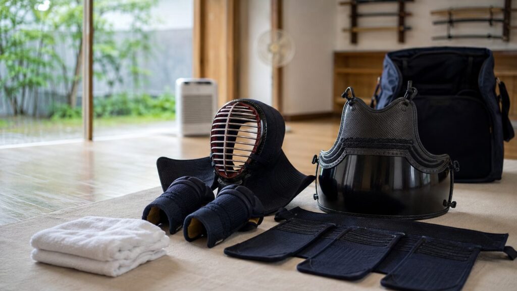 剣道防具一式（面・小手・胴・垂）とタオル・防具袋を並べ、扇風機と除湿機で乾かす様子