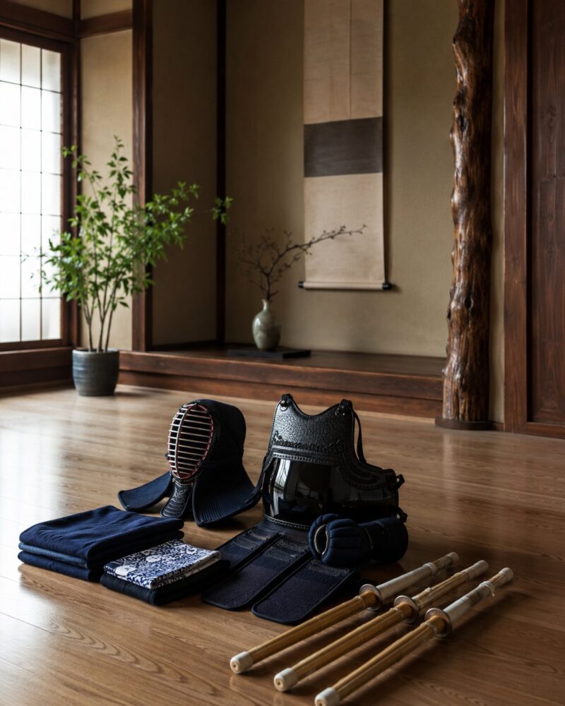 A bogu set and shinai laid out on a dojo floor
