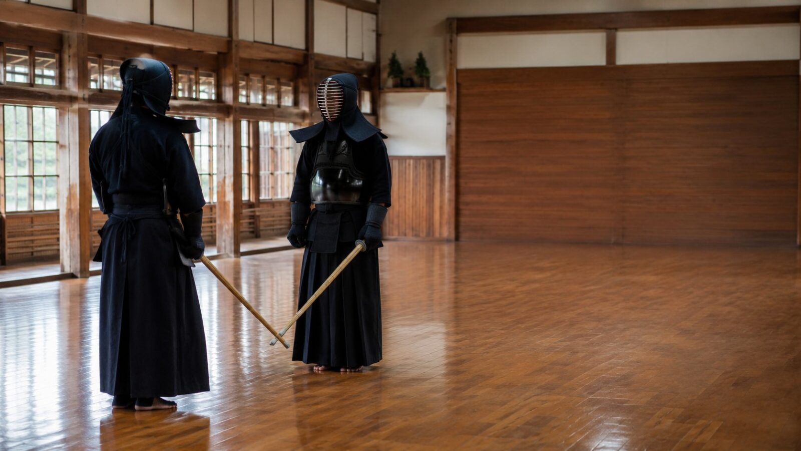 道場で竹刀を構えて対峙する二人の剣士