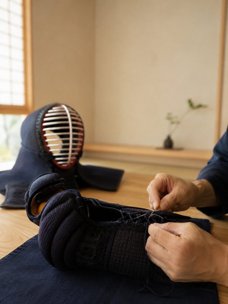 Hand-stitching repair of a kendo kote at the KOBUDO workshop