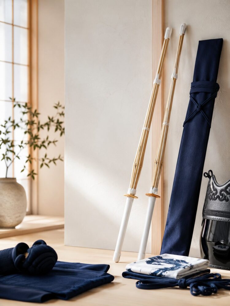 Shinai and a navy shinai bag standing against a wall