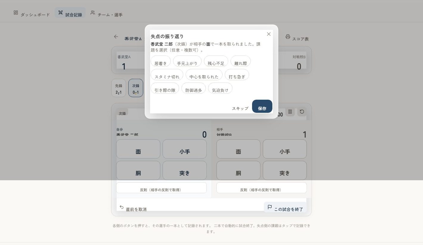 失点の振り返り(課題タグ)画面